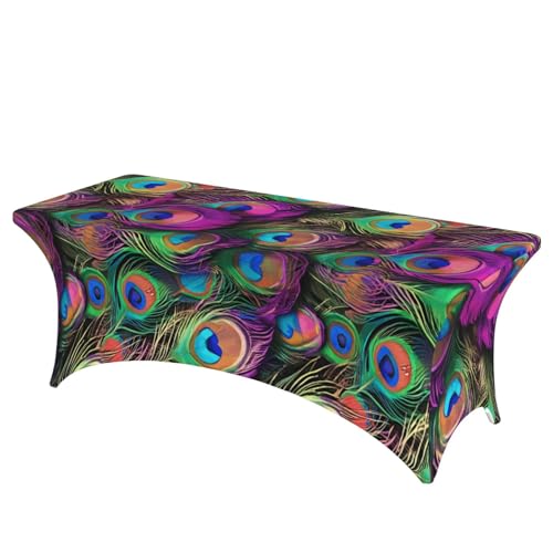KPXXAQT Bunte Tischdecke mit Pfauenfeder-Druck, Heimdekoration, rechteckig, elastisch, abwischbar, mit Fußbezügen von KPXXAQT