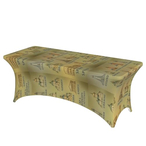 KPXXAQT Europäische Sehenswürdigkeiten, Illustrationsdruck, Heimdekoration, rechteckig, elastisch, abwischbar, Tischdecke mit Fußbezügen von KPXXAQT