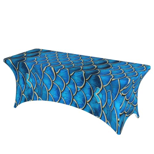 KPXXAQT Tischdecke, Motiv: blaue Fischschuppen, rechteckig, elastisch, abwischbar, mit Fußbezügen von KPXXAQT