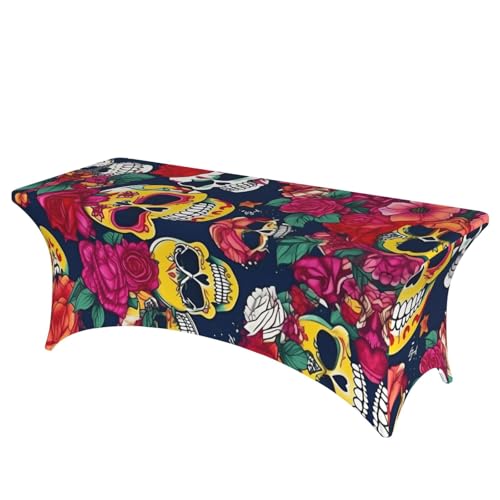 KPXXAQT Tischdecke mit Zucker- und Totenkopf- und Blumendruck, rechteckig, elastisch, abwischbar, mit Fußbezügen von KPXXAQT