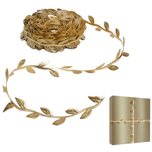 KQDRAVINE 10M Goldenes Geschenkband Gold Deko, Künstliche Rattanblätter Luftschlangen Gold Reben Blätter, Pflanzen Bänder für Hochzeit Garten Party Handwerk DIY Dekoration von KQDRAVINE
