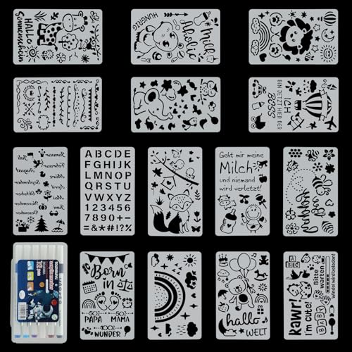 KQDRAVINE 15 Stück Schablonen Textilgestaltung, Malschablonen für Lätzchen zum Bemalen, Baby Lätzchen zum Bemalen, Schablonen zum Malen für DIY, Karten, Scrapbooking, Malerei, Wandmalereien (18*10cm) von KQDRAVINE