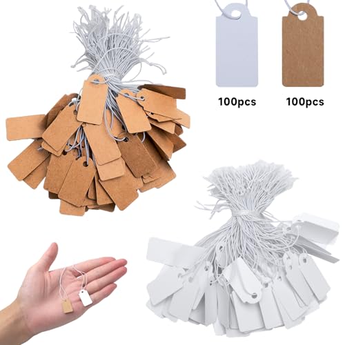 KQDRAVINE 200 Stück Mini Preisschilder Anhänger mit Elastische Kordel, 26 x 13mm Etiketten Anhänger, Weiß und Braun Preisschilder Flohmarkt für Schmuck Display, Etiketten für Kleidung, Flohmarkt von KQDRAVINE