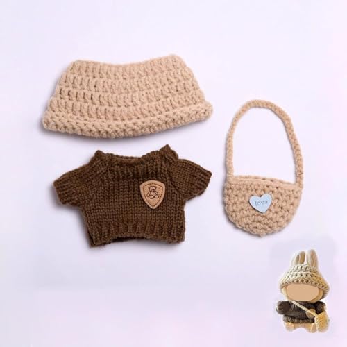 KQDRAVINE Puppenkleidung und Zubehör für Labubu, 17cm Puppe Kleidung Sets, Hüte Pullover Rucksäcke für Labubu Outfit, Geschenk für Jungen Mädchen, Ohne Puppe, Braun von KQDRAVINE