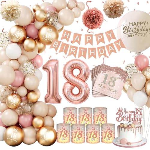 Deko 18 Geburtstag Mädchen,KQMGJYB 18. Geburtstag Deko Beige Vintage Rosa Weiß Luftballon Girlande mit WindlichtTischdeko,Servietten,Pompons für Boho Geburtstag Dekoration Mädchen Frauen von KQMGJYB