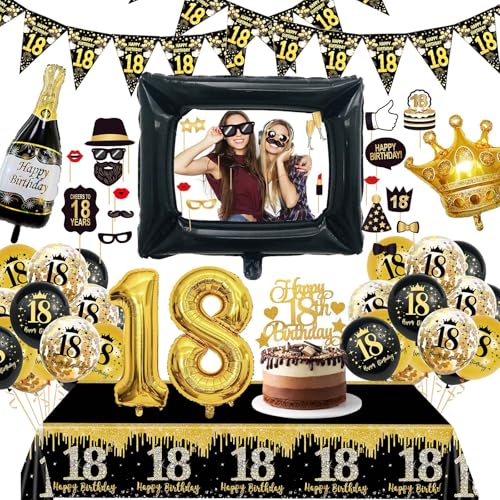 KQMGJYB 18 Geburtstag Deko Junge Mädchen, Deko 18. Schwarz Gold Luftballon mit Fotorequisiten Tischdecke Vorhang für Geburtstag Party Dekoration von KQMGJYB