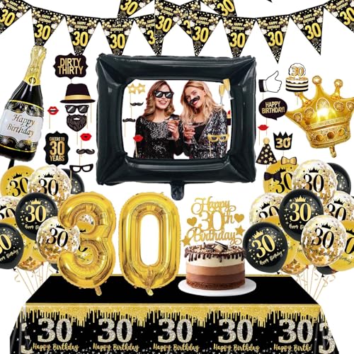 KQMGJYB 30 Geburtstag Deko Männer Frauen, Deko 30. Schwarz Gold Luftballon mit Fotorequisiten Tischdecke Vorhang für Geburtstag Party Dekoration von KQMGJYB