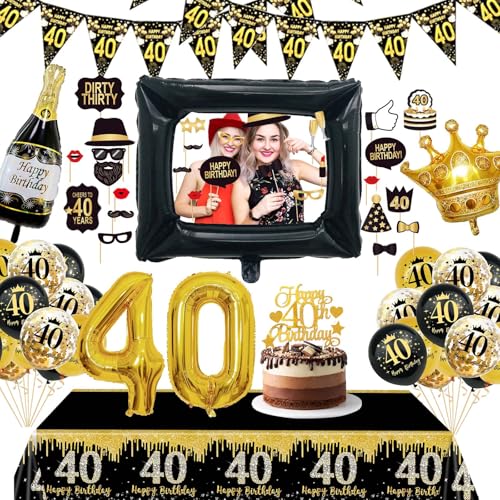 KQMGJYB 40 Geburtstag Deko Männer Frauen, Deko 40.Schwarz Gold Luftballon mit Fotorequisiten Tischdecke Vorhang für Geburtstag Party Dekoration von KQMGJYB