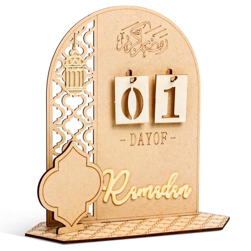 KQMGJYB Ramadan Kalender, Eid Mubarak Kalender, DIY Ramadan Countdown Kalender Holz Ornament Gebet Ramadan Mubarak Deko Ramadan Dekorationen Countdown-Kalender für Zuhause von KQMGJYB