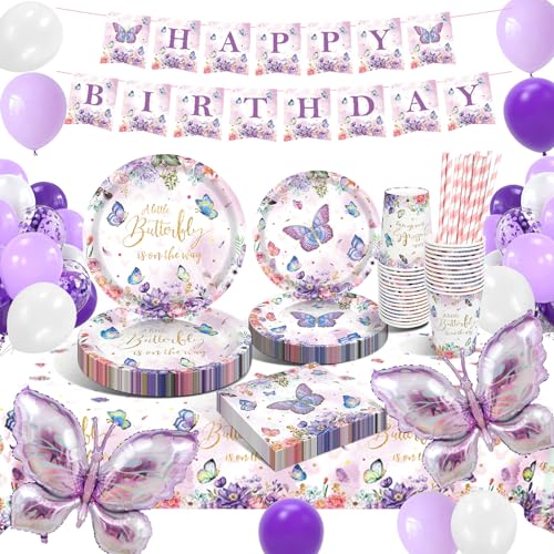 Partygeschirr Set, Schmetterling Geburtstag Party Geschirr, Pappteller Kindergeburtstag mit Luftballons Tischdecken Tassen Strohhalme Servietten für Geburtstagsdeko von KQMGJYB