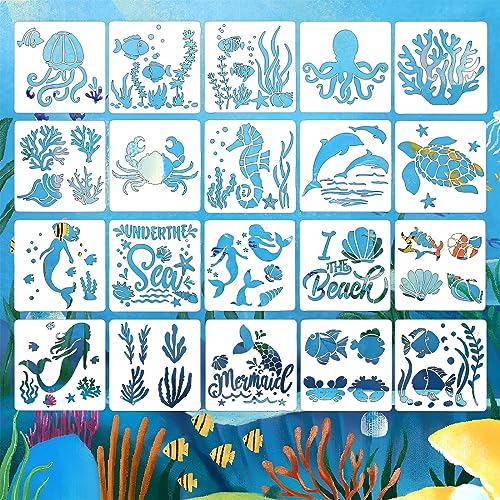 KQNM 20 Stück Ozean malschablonen, stencil schablonen Wiederverwendbar Blattmalerei Schablonen, Wand Malen Schablonen（13 * 13cm) von KQNM