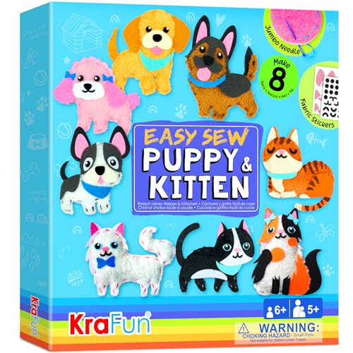 KRAFUN Easy Sew Welpe und Kätzchen für Kunst- und Bastelanfänger für Kinder, 8 einfache DIY-Projekte mit Stofftierpuppen von Welpen und Kätzchen, Hunden und Katzen, Anleitung und Filz, Geschenk von KRAFUN