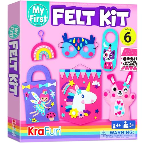 KRAFUN Einhorn-Filz-Bastelset für Kinder ab 3 Jahren, 6 DIY-Kunstprojekte mit Maske, Schlüsselanhänger, Tasche, Anleitung, Wiederverwendbare Box, Lernspielzeug von KRAFUN