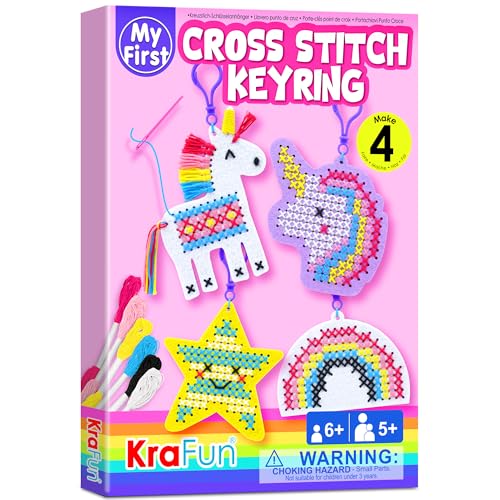 KRAFUN Einhorn-Kreuzstich-Set für Kinder ab 5 Jahren, 4 Anfänger-Schlüsselanhänger-Projekte, Plüschfilz, Anleitung, Nadelspitzen-Stickerei, Lernspielzeug KRAFUN Einhorn-Kreuzstich-Set für Kinder ab 5 Jahren, 4 Anfänger-Schlüsselanhänger-Projekte, Plüschfilz, Anleitung, Nadelspitzen-Stickerei, Lernspielzeug von KRAFUN