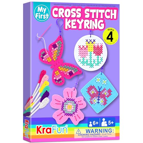 KRAFUN Kreuzstich-Sets für Kinder Anfänger, 4 Kreuzstich-Schlüsselanhänger Kunst & Handwerk mit Schmetterling und Blume, Nadelspitzen-Stickset für Mädchen 5-13 Bastelset Rucksack-Charms, Ornamente von KRAFUN