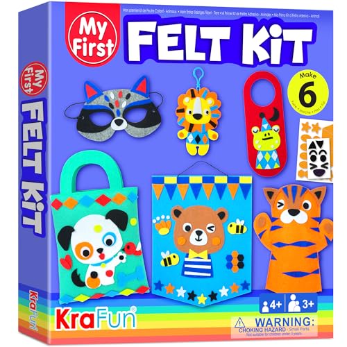KRAFUN Tier-Filz-Bastelset für Kinder ab 3 Jahren, 6 DIY-Kunstprojekte mit Maske, Schlüsselring, Tasche, Anleitung, Wiederverwendbare Box, Lernspielzeug von KRAFUN