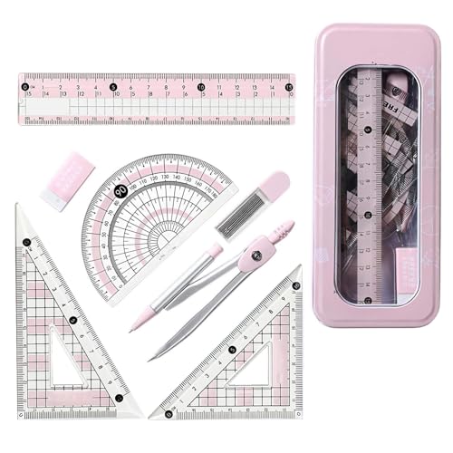 Winkelmesser und Kompass Set Rosa – Geometrie-Set für die weiterführende Schule, niedliches ästhetisches Mathematik-Set, enthält Winkelmesser, Kompass, Dreiecke, Radiergummi und mehr, für Mädchen von KRENIE