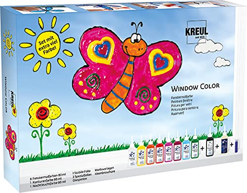 KREUL 42752 - Window Color Fenstermalfarben Set, mit 8 Farben in 80 ml Malflaschen, schwarze Konturenfarbe, Nachtleuchtfarbe, Folien, Glasperlen und Motivvorlagen von Kreul