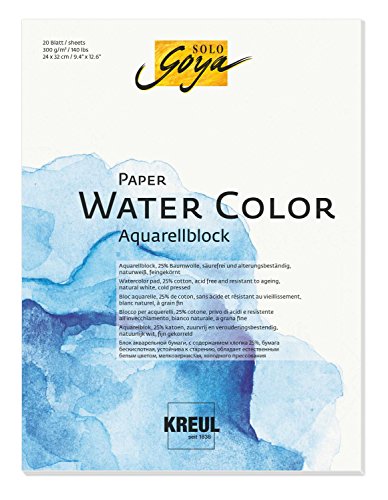 KREUL 68012 - Solo Goya Paper Water Color, Aquarellblock, ca. 24 x 32 cm, 300 g/qm, 20 Blatt, säurefrei und alterungsbeständig, naturweiß, für Malerei mit Aquarell- und Gouachefarben von Kreul