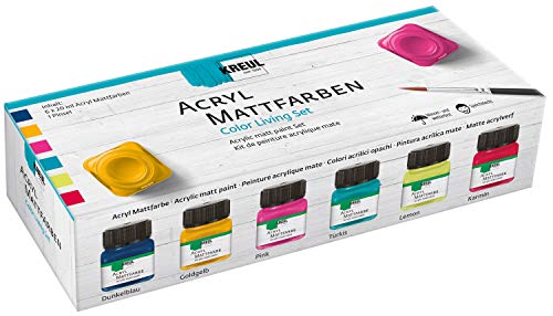 KREUL 75601 - Acryl Mattfarben im Color Living Set , cremig deckende, schnelltrocknende Farbe auf Wasserbasis, für viele verschiedene Untergründe geeignet, 6 x 20 ml Farbe und ein Pinsel KREUL 75601 - Acryl Mattfarben im Color Living Set , cremig deckende, schnelltrocknende Farbe auf Wasserbasis, für viele verschiedene Untergründe geeignet, 6 x 20 ml Farbe und ein Pinsel von Kreul