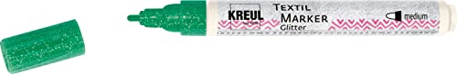 Kreul 92667 - Textil Marker Glitter medium, Grün, halbdeckender Stoffmalstift mit Glitzereffekt, Strichstärke circa 2 bis 4 mm, für helle und dunkle Stoffe, waschecht nach Fixierung von Kreul