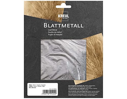 KREUL 99402 - Blattmetall Silber, 14 x 14 cm, 6 Blatt, für hochglänzende, metallische Effekte, zum Veredeln von Holz, Glas, Papier, Leinwand, Karton, Styropor, Kunststoff, Wachs, Keramik uvm. von Kreul