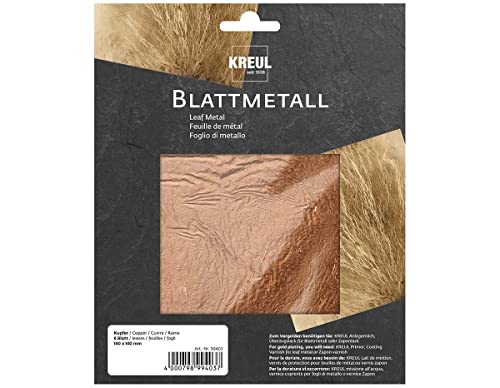 KREUL 99403 - Blattmetall Kupfer, 14 x 14 cm, 6 Blatt, für hochglänzende, metallische Effekte, zum Veredeln von Holz, Glas, Papier, Leinwand, Karton, Styropor, Kunststoff, Wachs, Keramik uvm. von Kreul