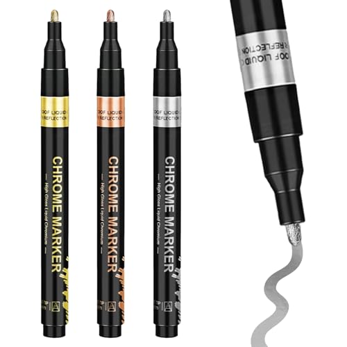 Metallic Chrome Marker 3 Stück Wasserdicht Spiegel Chrom Farbe Stift Kunst Flüssige Gold Chrome Marker Reflektierender Glanz Metallic Stifte Set für Diy Metallmodelle Gold Silver und Kupfer von KRISFD