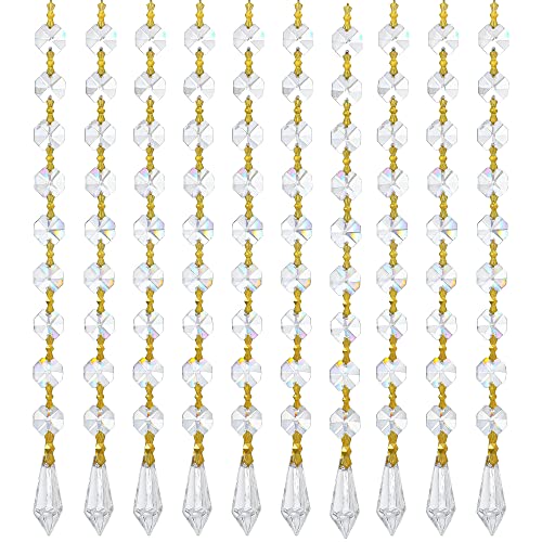 KRISININE 10 Stück hängende Kronleuchter Kristall Perlen Ketten Kristall Girlande Stränge Glas Achteck Perlen Lampenkette für Weihnachten Hochzeit Party Dekoration (Gold Pinning) von KRISININE