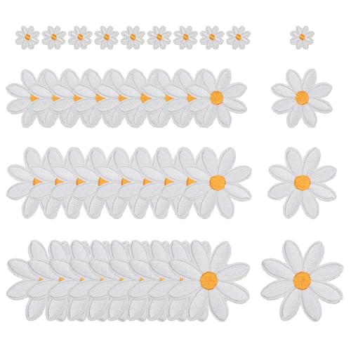 KRISMYA 40 Stück in 4 Größen Gänseblümchen zum Aufbügeln, schöne weiße bestickte Applikationen für DIY-Kleidung und Sweing-Zubehör von KRISMYA