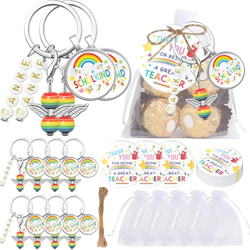 10 Stück Abschieds geschenk-Set für Pädagogen mit Schutzengel-Schlüssel ring, Dankes karte und Organza-Tasche, ideal für den Abschied des Lehrers, Geburtstag, Tag des Lehrers von KRJGOERG