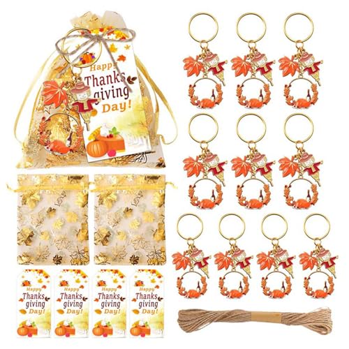 KRJGOERG 10er-Set Ahornblatt-Vogelscheuchen-Schlüsselanhänger, Großpackung mit Etiketten und Organza-Beuteln, Dankeschön-Geschenk-Anhänger von KRJGOERG