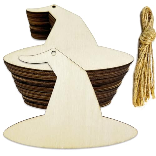 30 Stück unlackierte Hexenhut-Form, Halloween-Hexenhut, Holz, Halloween-Holzornamente für DIY, Handwerk, Halloween, Herbst, Türhänger, Heimdekoration (9,9 x 7,6 x 0,3 cm) von KRSHEMDE