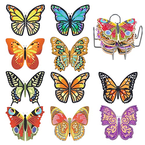 KRUCE 10 PC Diamond Painting Art Untersetzer mit Halter,Schmetterling DIY Diamond Painting Untersetzer Erwachsene,Untersetzer zum Basteln für Anfänger Kinder Erwachsene Kunst Handwerk Zubehör von KRUCE