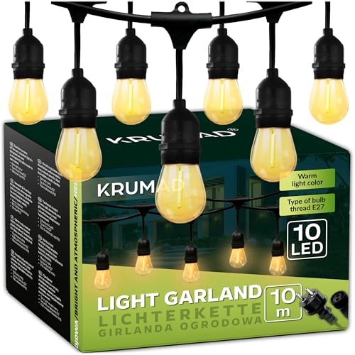 KRUMAD LED Lichterkette Außen 10 Meter, E27 Glühbirnen Warmweiß 2700K, Wetterfest, Lichterkette Outdoor IP44 für Garten Balkon Terrasse, Gartendeko für Draußen, Party Deko Beleuchtung von KRUMAD