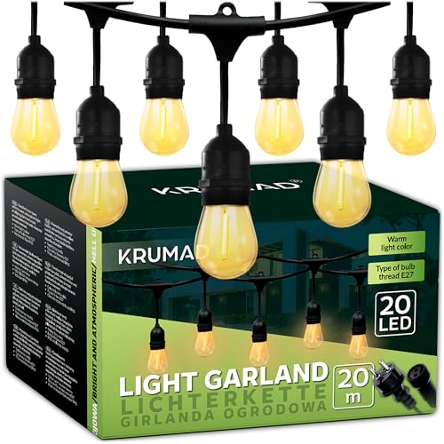 KRUMAD LED Lichterkette Außen 20 Meter, E27 Glühbirnen Warmweiß 2700K, Wetterfest, Lichterkette Outdoor IP44 für Garten Balkon Terrasse, Gartendeko für Draußen, Party Deko Beleuchtung von KRUMAD