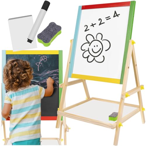 KRUZZEL Magnetische Drehbare Kindertafel 2in1 – Kreidetafel & Whiteboard – Montessori Holztafel mit Zubehör – Farbige Kinder Staffelei zum Zeichnen und Lernen – Back to School von KRUZZEL