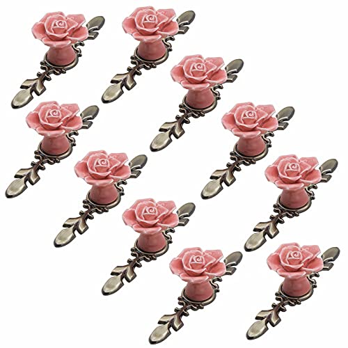 KRXSOBNV, 10 Stück Keramik-Möbelknöpfe, Durchmesser 41 mm, Rosenblume mit Bronzeplatte, Moderne Hardware-Materialien,Keramische Griffe(Pink,118mm) von KRXSOBNV