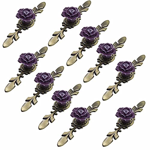 KRXSOBNV, 10 Stück Keramik-Möbelknöpfe, Durchmesser 41 mm, Rosenblume mit Bronzeplatte, Moderne Hardware-Materialien,Keramische Griffe(Purple,170mm) von KRXSOBNV
