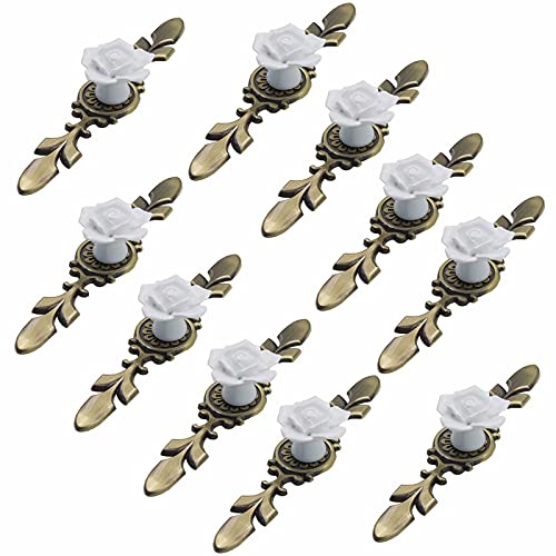 KRXSOBNV, 10 Stück Keramik-Möbelknöpfe, Durchmesser 41 mm, Rosenblume mit Bronzeplatte, Moderne Hardware-Materialien,Keramische Griffe(White,170mm) von KRXSOBNV