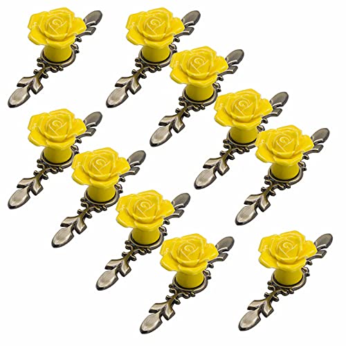 KRXSOBNV, 10 Stück Keramik-Möbelknöpfe, Durchmesser 41 mm, Rosenblume mit Bronzeplatte, Moderne Hardware-Materialien,Keramische Griffe(Yellow,118mm) von KRXSOBNV