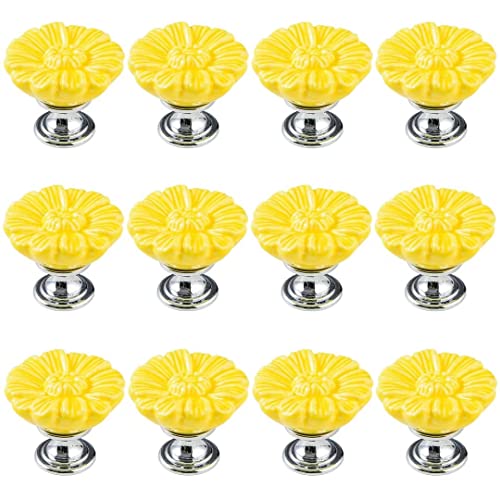 KRXSOBNV, 12 Packungen Tür-Keramikgriffe, Schrankgriffe mit Schrauben, Möbelgriffe, Hardware, Schubladenknöpfe, 32 mm Durchmesser,Keramische Griffe(Yellow) von KRXSOBNV