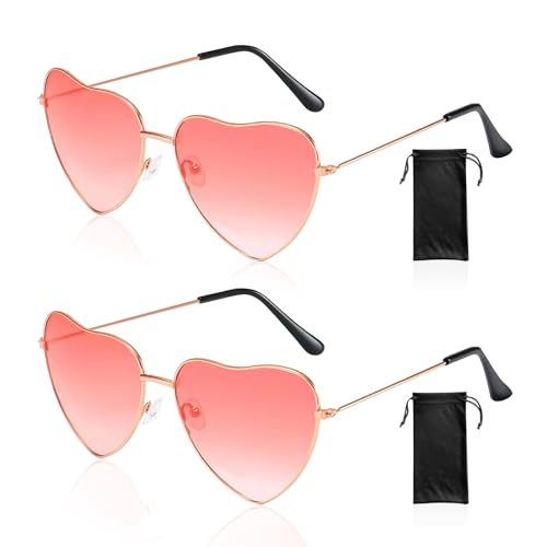 2 Stück herzförmige Sonnenbrillen mit 2 schwarzen Brillentaschen, Hippie-Brillen, Retro-Kleidung, Herrenbrillen, Mädchen-Festival-Kleidungsaccessoires, 90er-Jahre-Damenbekleidungsaccessoires (Rosa) 2 Stück herzförmige Sonnenbrillen mit 2 schwarzen Brillentaschen, Hippie-Brillen, Retro-Kleidung, Herrenbrillen, Mädchen-Festival-Kleidungsaccessoires, 90er-Jahre-Damenbekleidungsaccessoires (Rosa) von KRYMSON