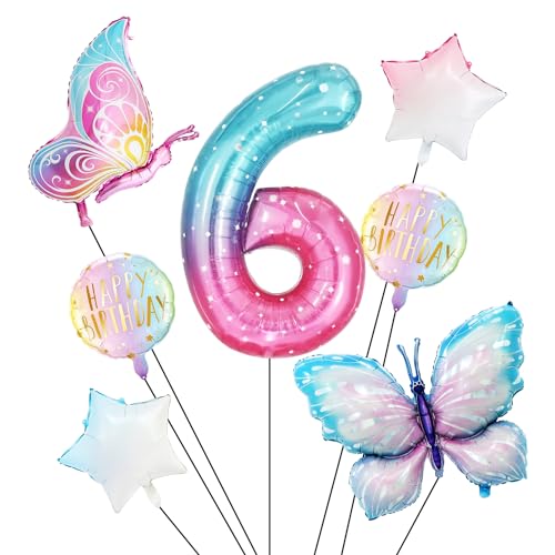 7er-Pack Schmetterlings-Zahlenballon-Dekorationsset, Schmetterlings-Geburtstagsdekoration, Bunte Ballondekoration, 6. Geburtstagsdekoration, Mädchen-Geburtstagsdekoration von KRYMSON