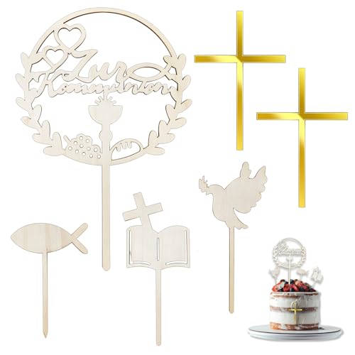 6 Stück Tortendeko Taufe, Cake Topper Mit Kreuz, Buch Und Fisch, Deko Taufe Für Taufen, Kommunion Und Hochzeiten, Wiederverwendbare Kuchenverzierung von KRYMXAR