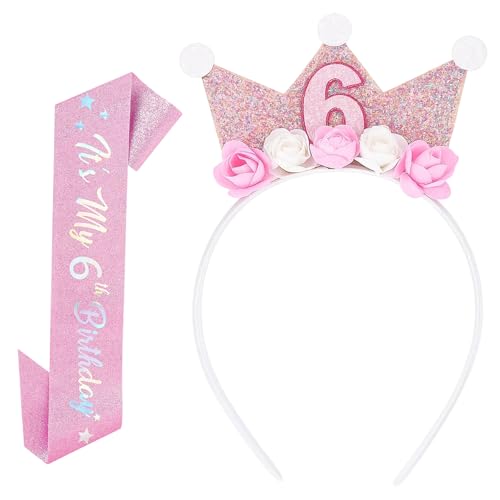 KRYMXAR Geburtstagskrone Mädchen, Geburtstagsdeko Mädchen 6 Jahre, 2 Stück Krone Geburtstag Mädchen, Crown 6 Jahr Geburtstag mit Rose Blumen von KRYMXAR