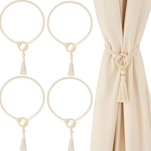 Pretty Jolly 2 Stück Magnetische Vorhang Raffhalter aus Holz, Boho, Heimdekoration, drapierte Raffhalter, handgefertigt, Baumwollseil, Vorhanghalter für Zuhause und Büro, Fenstervorhänge (Beige) von KRYMXAR
