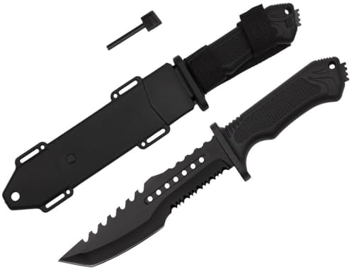 KS-11 Tanto Outdoor Messer mit feststehender Klinge incl. Holster und Feuerstahl ideal als Survival Messer - Bushcraft Messer – Schnitzmesser - Gesamtlänge: 31cm von KS-11