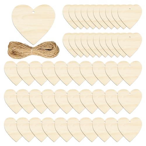 50 Stück Herzförmige Holzstücke Mit Seil, Holzherzdekoration, 8 Cm Große Holzherzstücke, Leerer Herzförmiger Anhänger, DIY-Basteldekoration von KSBBHDS