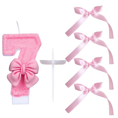 KSBBHDS 1 Stück Nummer 7 Kerzen Und 4 Stücke Rosa Bögen, Kuchendekorationen, Dessert -Backzubehör, Geburtstagsfeier. von KSBBHDS